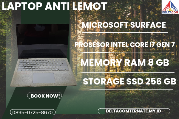 MICROSOFT SURFACE , TYPE BARU BODY SLIM, PROSESOR INTEL CORE I7 GEN 7 MEMORY RAM 8 GB STORAGE SSD 256 GB DISPLAY 14 INCH MULUS , WARNAH SILVER, LECE
